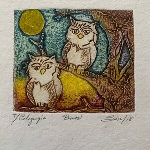 Eclectic Whimsical Owl Watercolour Painting Folk Art